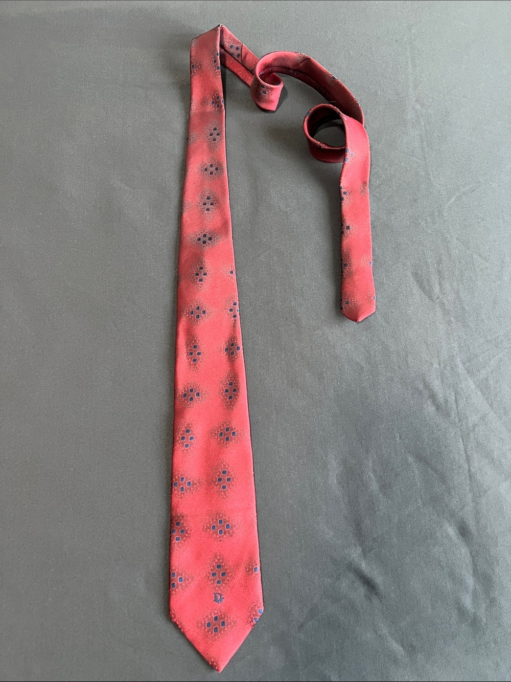 Christian Dior Vintage Red Silk Tie with Navy Dot Medallion Pattern